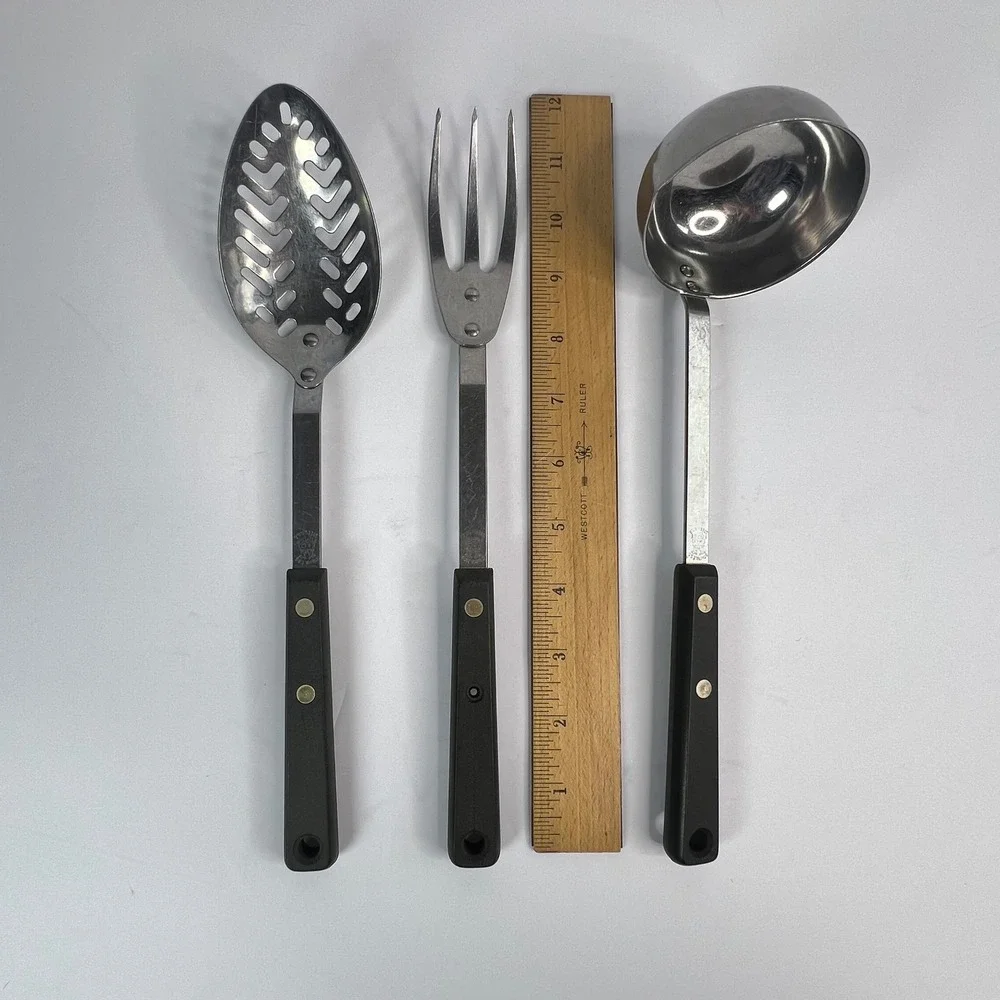 Vintage‎ Ekco Forge 3Pc Utensil Set Black Riveted Handles USA Ladle Fork Spoon